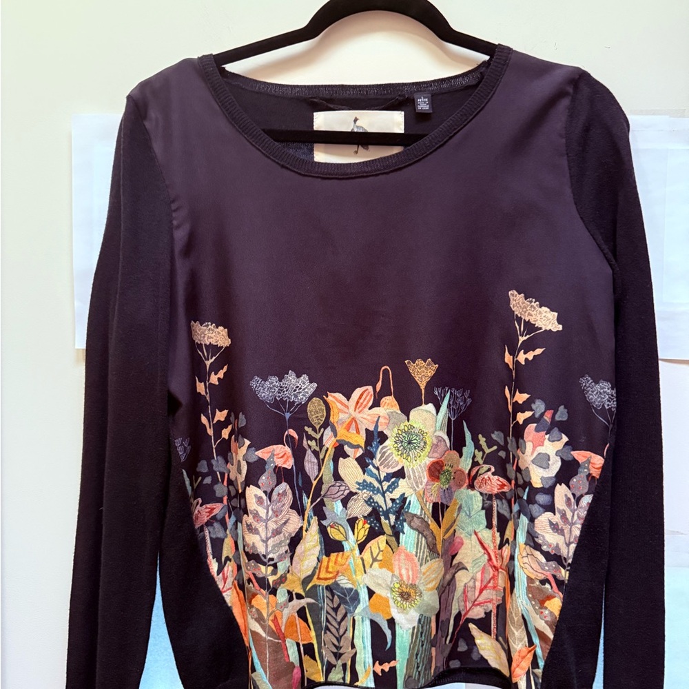 Michele Morin Black Top with Colorful Floral Design on Front. Size L Petite.